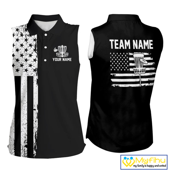 Black and White American Flag Sleeveless Disc golf polo shirt Custom patriotic team disc golf jerseys NQS10017