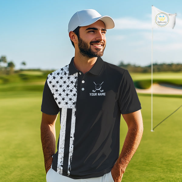 Black and White American Flag Mens golf polo shirts Custom name patriotic team golf uniform NQS10018
