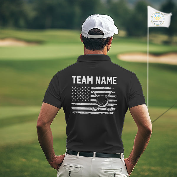 Black and White American Flag Mens golf polo shirts Custom name patriotic team golf uniform NQS10018