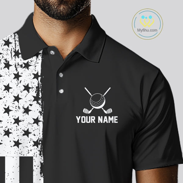 Black and White American Flag Mens golf polo shirts Custom name patriotic team golf uniform NQS10018