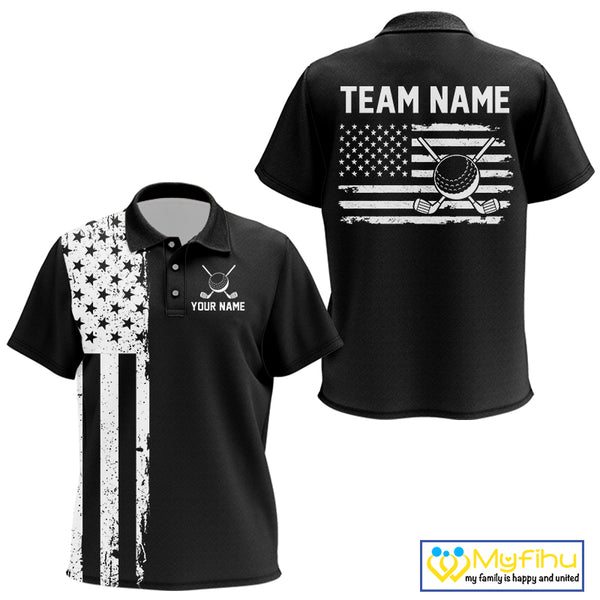 Black and White American Flag Kid golf polo shirts Custom name patriotic team golf uniform NQS10018