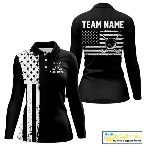 Black and White American Flag Women golf polo shirts Custom name patriotic team golf uniform NQS10018