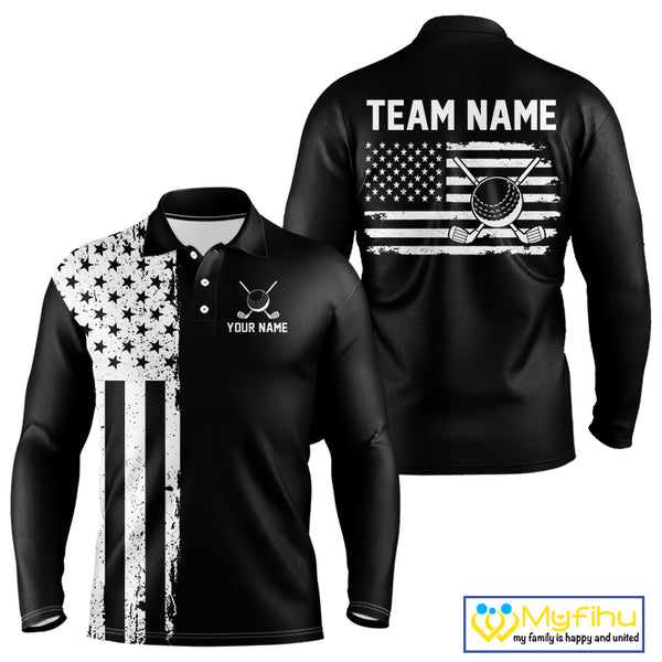 Black and White American Flag Mens golf polo shirts Custom name patriotic team golf uniform NQS10018