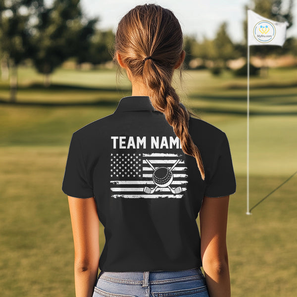 Black and White American Flag Women golf polo shirts Custom name patriotic team golf uniform NQS10018