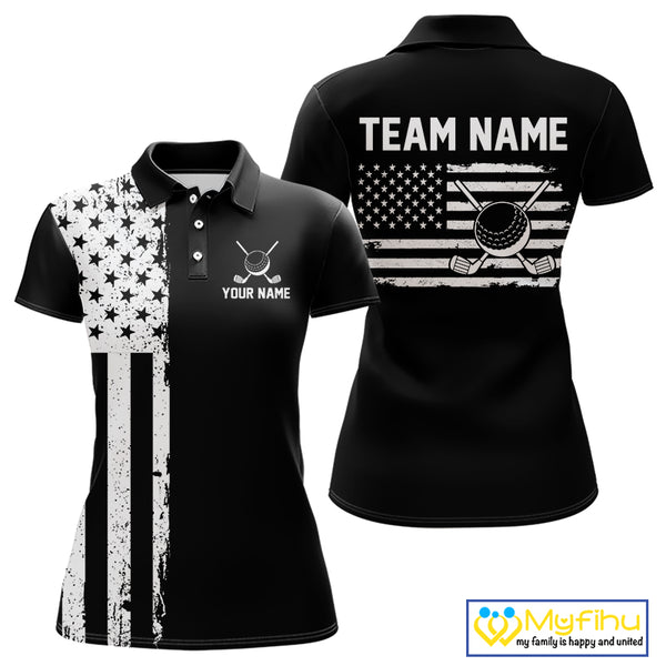 Black and White American Flag Women golf polo shirts Custom name patriotic team golf uniform NQS10018