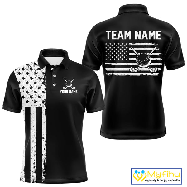 Black and White American Flag Mens golf polo shirts Custom name patriotic team golf uniform NQS10018