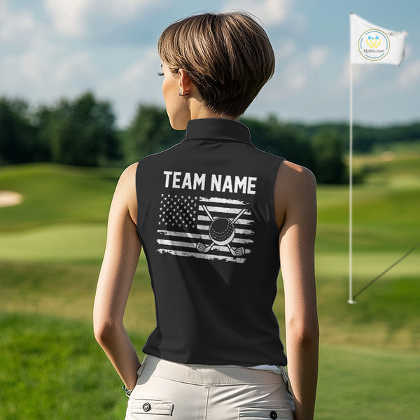 Black and White American Flag Women Sleeveless golf polo shirts Custom patriotic team golf uniform NQS10018