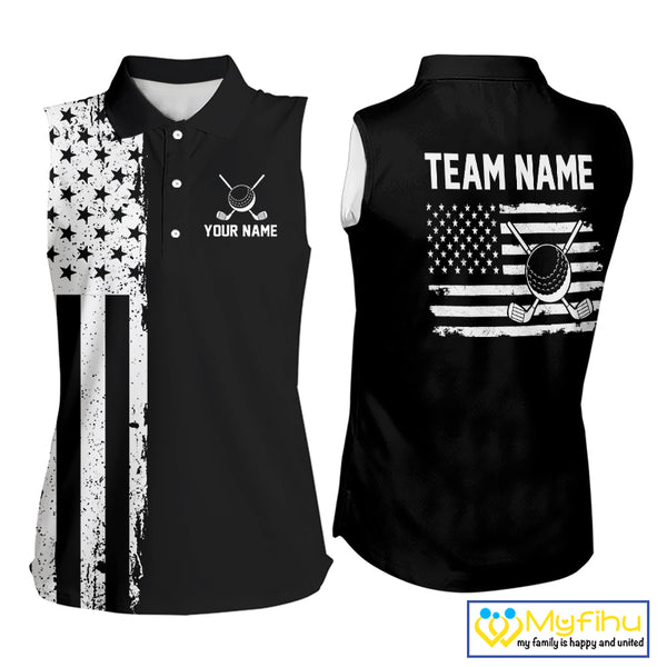 Black and White American Flag Women Sleeveless golf polo shirts Custom patriotic team golf uniform NQS10018