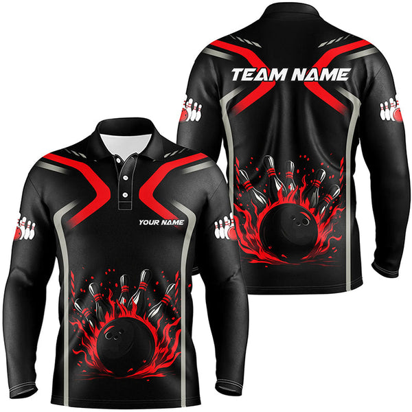 Personalized Red & Black Flame Bowling ball pins custom bowling shirts for Men, cool bowling jerseys NQS8341