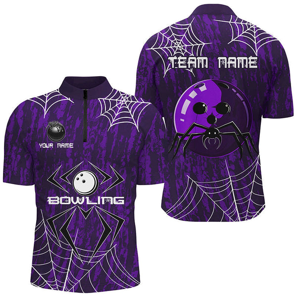 Purple Camo Bowling Polo, 1/4 Quarter zip shirts Custom Spider web Halloween Men Team Bowling jerseys NQS8343