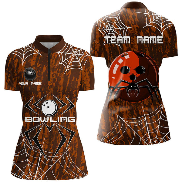 Orange Camo Bowling Polo, 1/4 Quarter zip shirt Custom Spider web Halloween Women Team Bowling jerseys NQS8344