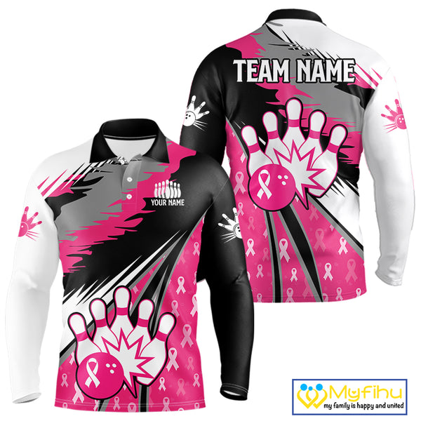 Mens bowling shirts Custom pink ribbons pattern Bowling Team Jersey, Breast cancer shirt for Bowler NQS10515