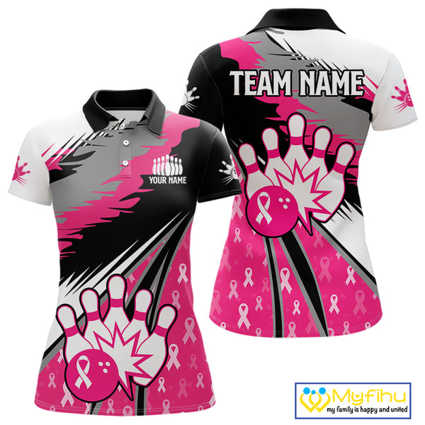 Women bowling shirts Custom pink ribbons pattern Bowling Team Jersey, Breast cancer shirt for Bowler NQS10515