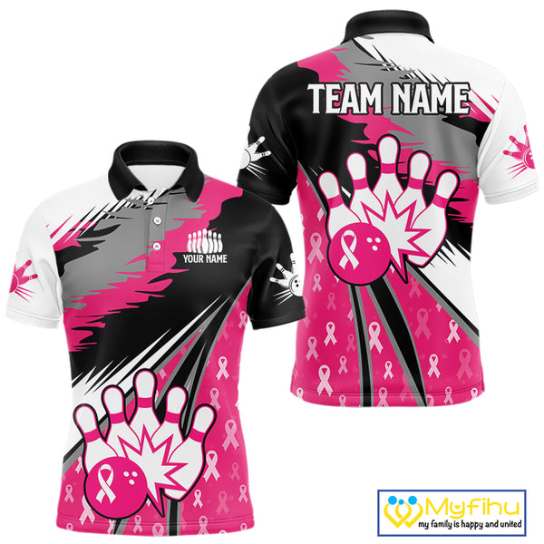 Mens bowling shirts Custom pink ribbons pattern Bowling Team Jersey, Breast cancer shirt for Bowler NQS10515