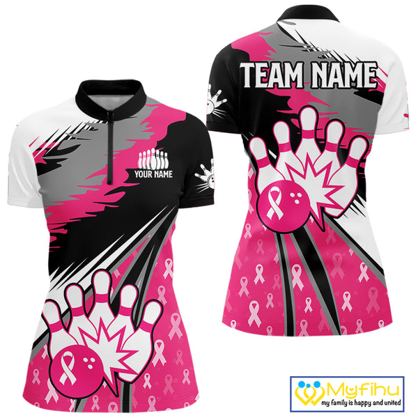 Women bowling shirts Custom pink ribbons pattern Bowling Team Jersey, Breast cancer shirt for Bowler NQS10515