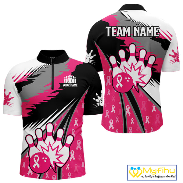 Mens bowling shirts Custom pink ribbons pattern Bowling Team Jersey, Breast cancer shirt for Bowler NQS10515