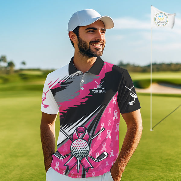 Mens golf polo shirt Custom pink ribbon pattern mens golf clothes, Breast cancer shirt for golfer NQS10516