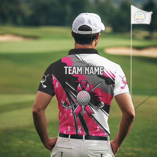 Mens golf polo shirt Custom pink ribbon pattern mens golf clothes, Breast cancer shirt for golfer NQS10516