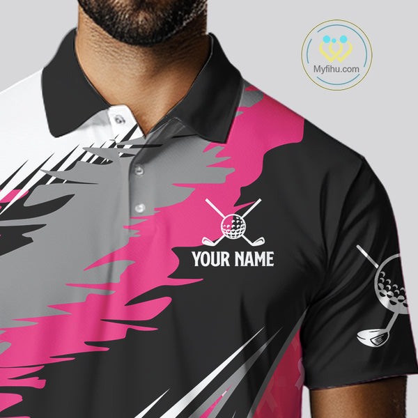 Mens golf polo shirt Custom pink ribbon pattern mens golf clothes, Breast cancer shirt for golfer NQS10516