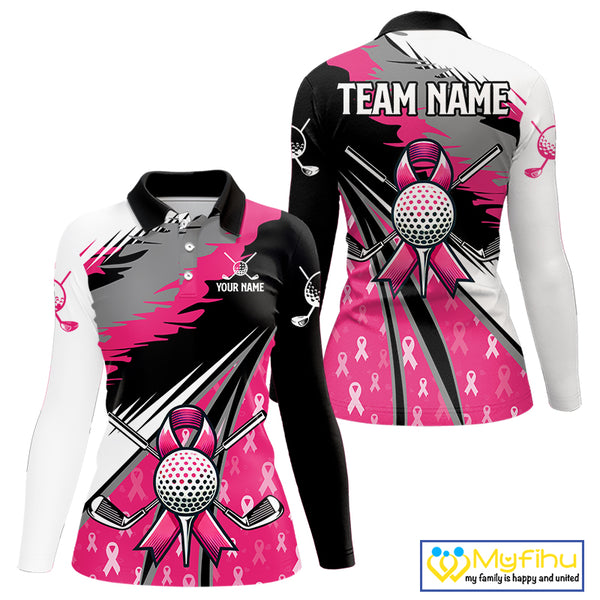 Women golf polo shirt Custom pink ribbon pattern ladies golf clothes, Breast cancer shirt for golfer NQS10516