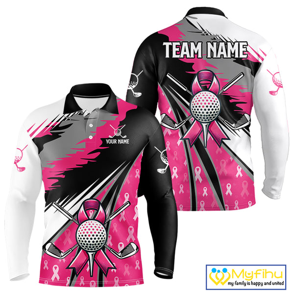 Mens golf polo shirt Custom pink ribbon pattern mens golf clothes, Breast cancer shirt for golfer NQS10516