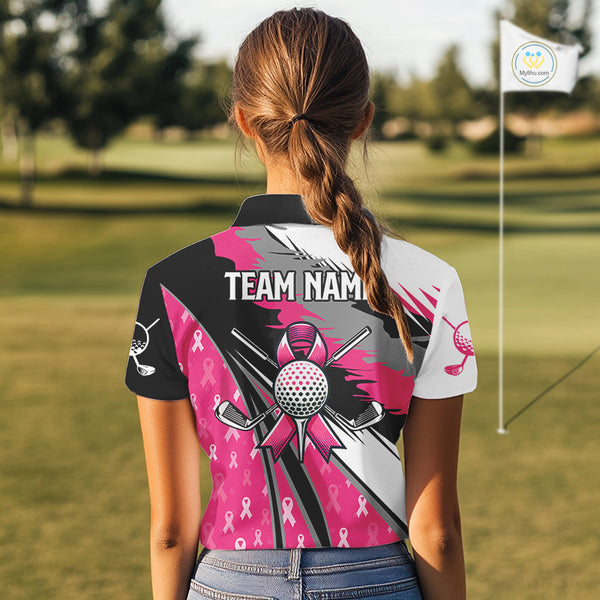 Women golf polo shirt Custom pink ribbon pattern ladies golf clothes, Breast cancer shirt for golfer NQS10516