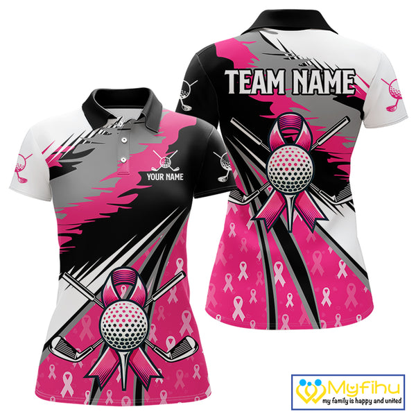 Women golf polo shirt Custom pink ribbon pattern ladies golf clothes, Breast cancer shirt for golfer NQS10516