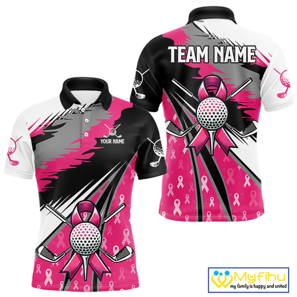 Mens golf polo shirt Custom pink ribbon pattern mens golf clothes, Breast cancer shirt for golfer NQS10516