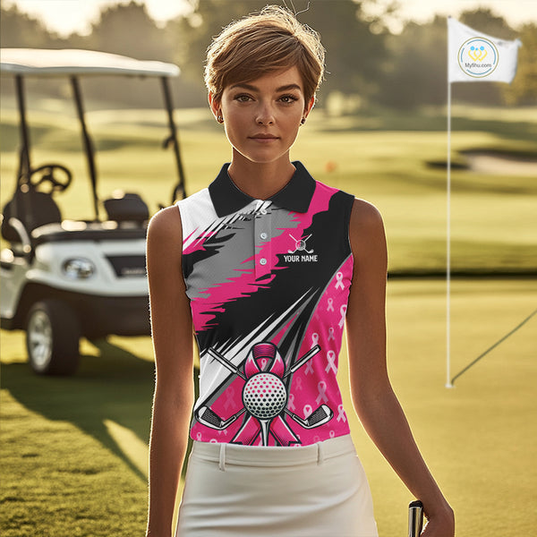 Sleeveless polo shirt Custom pink ribbon pattern ladies golf clothes, Breast cancer shirt for golfer NQS10516