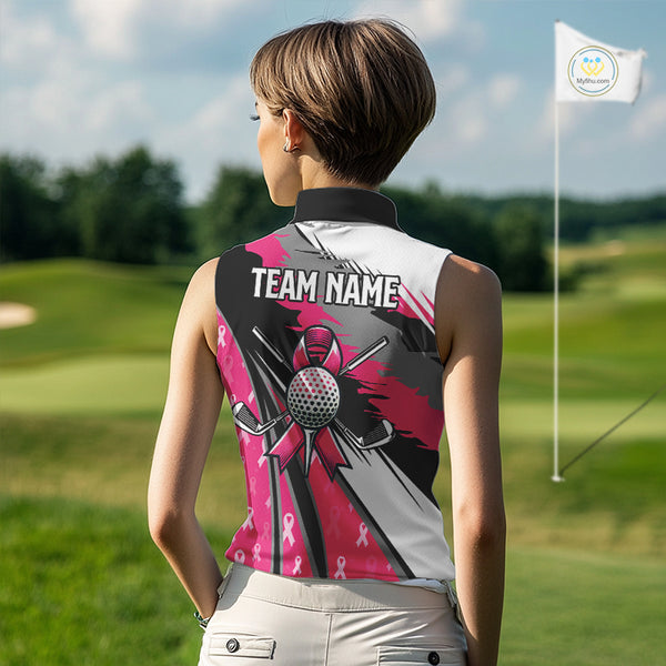 Sleeveless polo shirt Custom pink ribbon pattern ladies golf clothes, Breast cancer shirt for golfer NQS10516