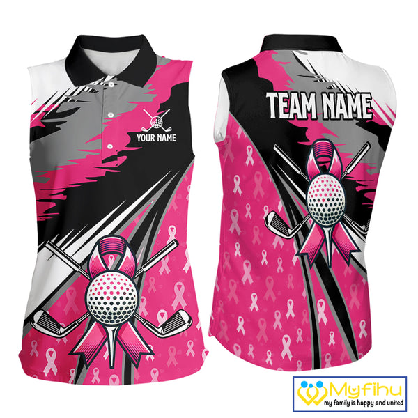Sleeveless polo shirt Custom pink ribbon pattern ladies golf clothes, Breast cancer shirt for golfer NQS10516