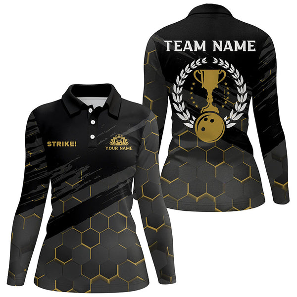 Black Womens Bowling Polo Shirts Custom bowling strike bee pattern team Ladies Jerseys NQS6703