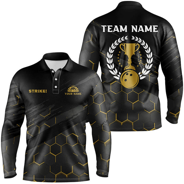 Black Mens Bowling Polo Shirts Custom bowling strike bee pattern team Mens League Jerseys NQS6703