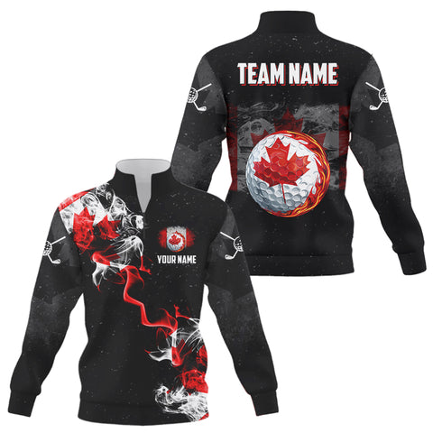 Smoke Canadian Flag Black grunge Quarter zip golf sweatshirt Custom patriotic golf sweater NQS9033