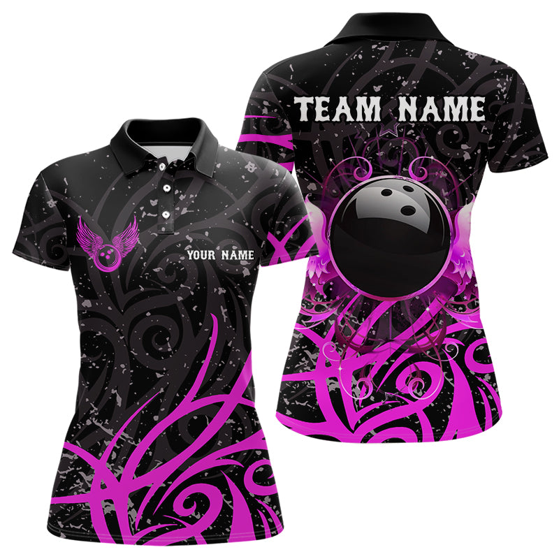 Black and Pink Camo Bowling Polo, Quarter Zip Shirt For Women Custom Team Bowling Jersey bowler outfit NQS9035