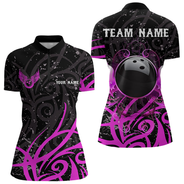 Black and Pink Camo Bowling Polo, Quarter Zip Shirt For Women Custom Team Bowling Jersey bowler outfit NQS9035