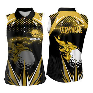 Women sleeveless polos custom Yellow Lightning Golf ball fire team golf jersey, ladies golf attire NQS9266