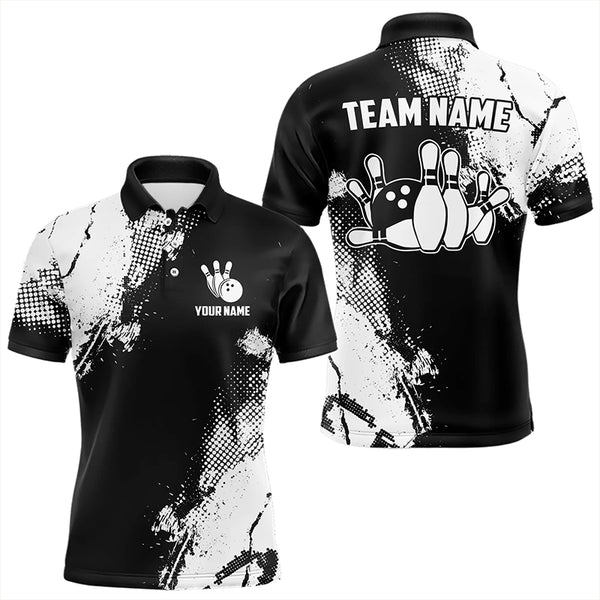 Black and White Retro Mens Bowling Polo, Quarter Zip shirts Custom team bowling jerseys mens outfit NQS9274