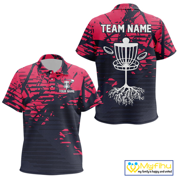 Pink and navy Camo Kid Disc golf polo shirts Custom team disc golf apparel NQS10020
