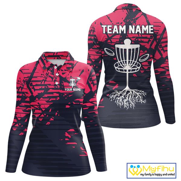 Pink and navy Camo Women Disc golf polo shirts Custom team disc golf apparel NQS10020