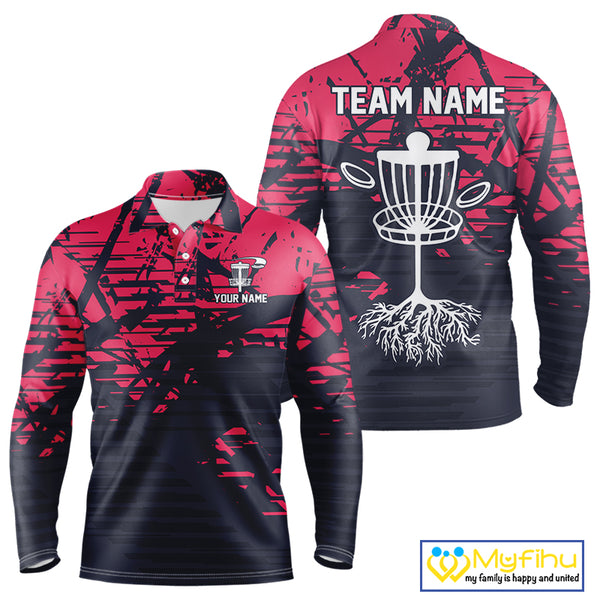 Pink and navy Camo Mens Disc golf polo shirts Custom team disc golf apparel NQS10020