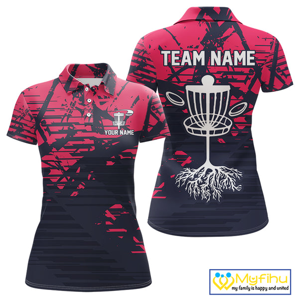Pink and navy Camo Women Disc golf polo shirts Custom team disc golf apparel NQS10020