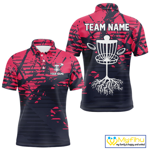 Pink and navy Camo Mens Disc golf polo shirts Custom team disc golf apparel NQS10020