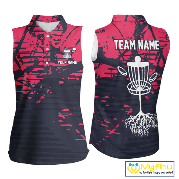Pink and navy Camo Women Sleeveless Disc golf polo shirts Custom team disc golf apparel NQS10020