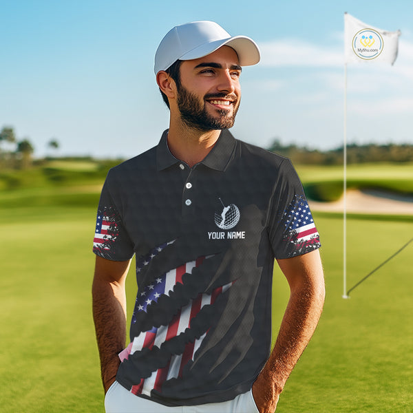 Personalized American Flag Men golf polo shirts, Custom Patriotic Golf Team Shirts For men | Black NQS10178