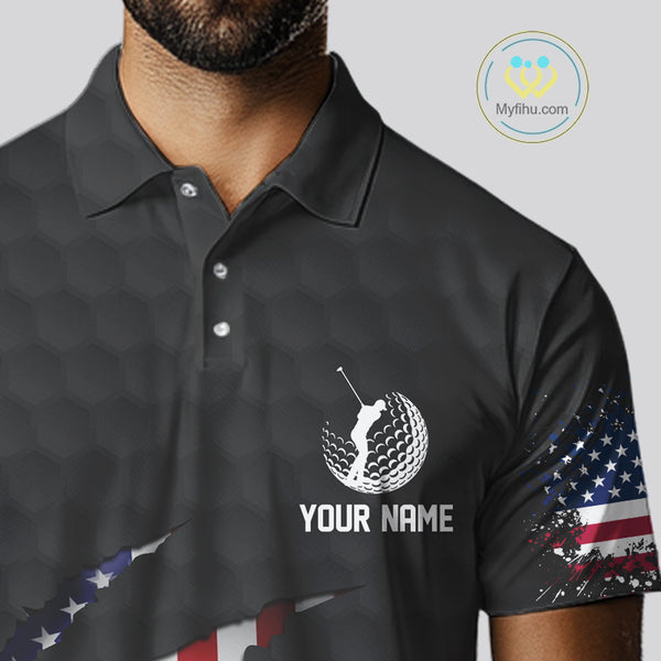Personalized American Flag Men golf polo shirts, Custom Patriotic Golf Team Shirts For men | Black NQS10178