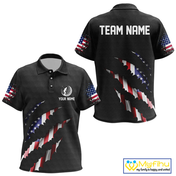 Personalized American Flag Kid golf polo shirt, Custom Patriotic Golf Team Shirts For Kid | Black NQS10178