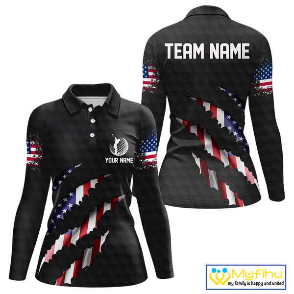 Personalized American Flag Women golf polo shirt, Custom Patriotic Golf Team Shirts For ladies| Black NQS10178