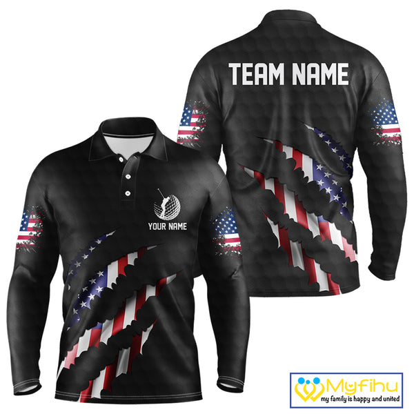 Personalized American Flag Men golf polo shirts, Custom Patriotic Golf Team Shirts For men | Black NQS10178