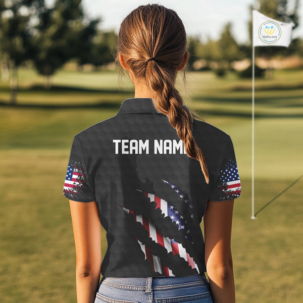 Personalized American Flag Women golf polo shirt, Custom Patriotic Golf Team Shirts For ladies| Black NQS10178